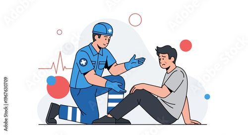 Paramedic helps injured man, first aid, medical emergency, healthcare concept