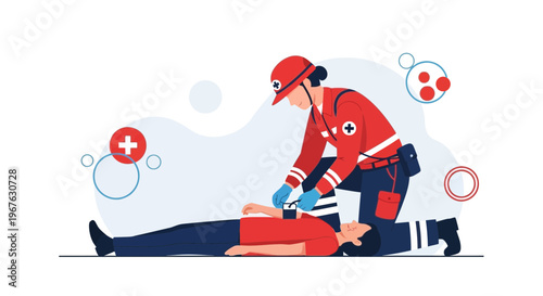 Paramedic performs CPR on unconscious patient, emergency medical care, life saving