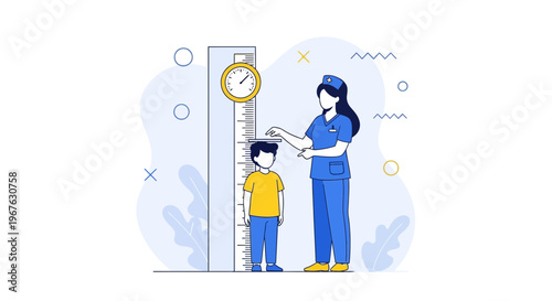 Pediatrician measuring child's height on a measuring scale with a clock in a clinic