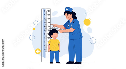 Pediatrician measuring child's height on a growth chart in a clinic, healthcare concept