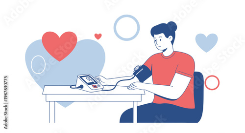 Person monitoring blood pressure at home, heart health concept