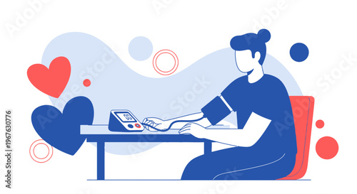 Person measuring blood pressure at home, health check, heart health, medical device