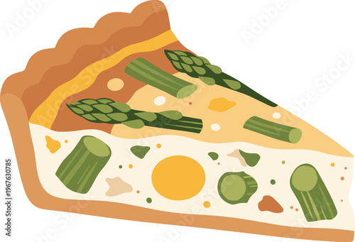 A slice of quiche with asparagus and cheese in a cartoon style
