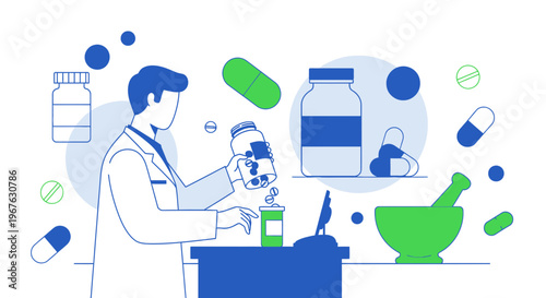 Pharmacist dispensing medication, pills, and bottles in a modern pharmacy setting.