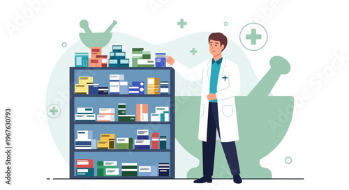 Pharmacist in white coat arranging medicines on shelf in pharmacy, healthcare concept
