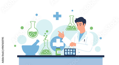 Pharmacist or Scientist in Lab Coat with Medical Equipment and Flasks