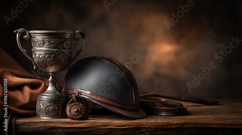 Ornate Horse Racing Trophy and Helmet on Rustic Wooden Table