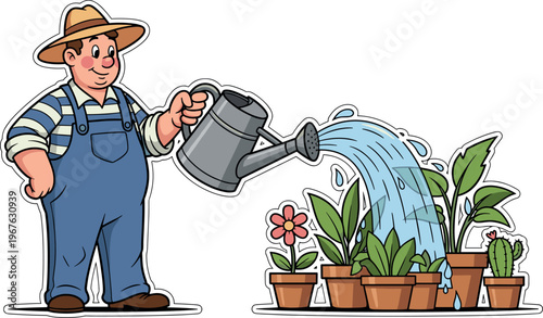A smiling cartoon gardener watering a variety of potted plants with a metal watering can