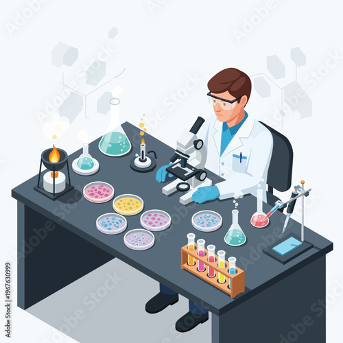 Scientist working in a laboratory with microscope and test tubes, conducting research and experiments