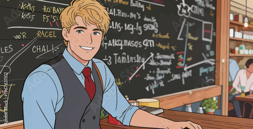 Young man at desk in cafe working on a project surrounded by notes and ideas during daytime