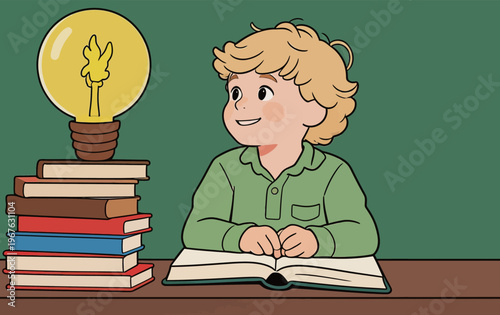 Young child sits at a table with books and a light bulb above, focused on learning during a study session at home