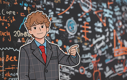 Young student explains math concepts in front of a blackboard filled with equations and charts in a classroom setting during the daytime