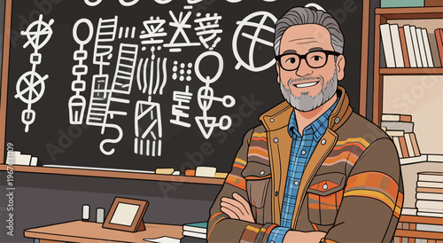 Teacher shares knowledge about history in a classroom with symbols on blackboard