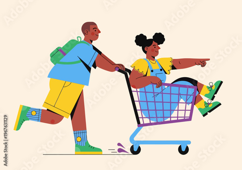 Flat vector illustration of playful African American kids having fun with a shopping cart. Boy pushing girl pointing forward. Colorful modern design for childhood, shopping, or youth concepts.