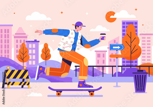 Modern flat vector illustration of a young skater cruising through a vibrant colorful cityscape, holding a takeaway coffee cup. Urban lifestyle concept.