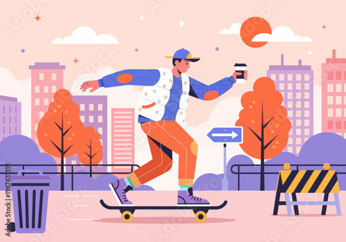 Modern flat vector illustration of a young skater cruising through a vibrant colorful cityscape, holding a takeaway coffee cup. Urban lifestyle concept.