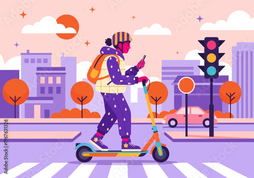 Flat vector: Person riding electric scooter in a smart city at sunset. Using smartphone navigation. Urban micro-mobility, modern transportation, cityscape background.