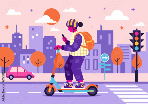Flat vector: Person riding electric scooter in a smart city at sunset. Using smartphone navigation. Urban micro-mobility, modern transportation, cityscape background.