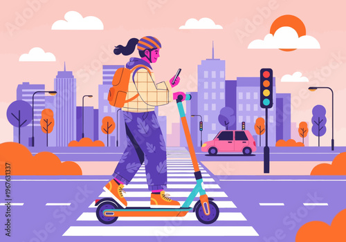 Flat vector: Person riding electric scooter in a smart city at sunset. Using smartphone navigation. Urban micro-mobility, modern transportation, cityscape background.