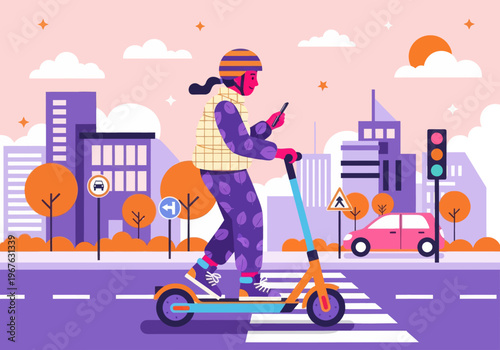 Flat vector: Person riding electric scooter in a smart city at sunset. Using smartphone navigation. Urban micro-mobility, modern transportation, cityscape background.