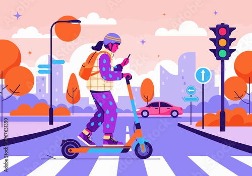 Flat vector: Person riding electric scooter in a smart city at sunset. Using smartphone navigation. Urban micro-mobility, modern transportation, cityscape background.