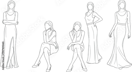 A set of five different fashion illustrations of women in elegant poses