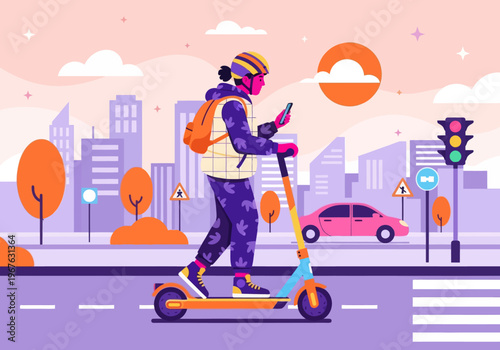 Flat vector: Person riding electric scooter in a smart city at sunset. Using smartphone navigation. Urban micro-mobility, modern transportation, cityscape background.