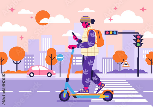 Flat vector: Person riding electric scooter in a smart city at sunset. Using smartphone navigation. Urban micro-mobility, modern transportation, cityscape background.