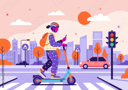 Flat vector: Person riding electric scooter in a smart city at sunset. Using smartphone navigation. Urban micro-mobility, modern transportation, cityscape background.