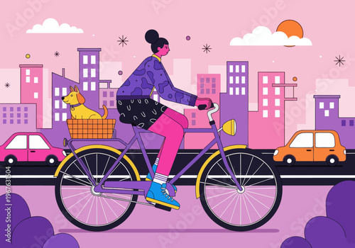 Flat vector illustration of a young woman cycling through a colorful pink and purple cityscape with her dog in the back basket. City commuting with pets concept.
