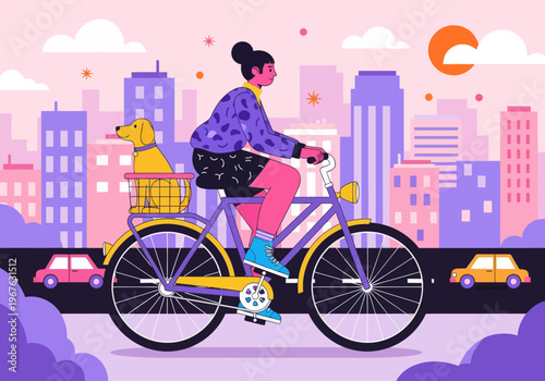 Flat vector illustration of a young woman cycling through a colorful pink and purple cityscape with her dog in the back basket. City commuting with pets concept.