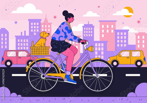 Flat vector illustration of a young woman cycling through a colorful pink and purple cityscape with her dog in the back basket. City commuting with pets concept.