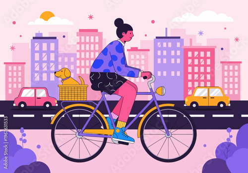 Flat vector illustration of a young woman cycling through a colorful pink and purple cityscape with her dog in the back basket. City commuting with pets concept.