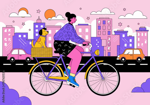 Flat vector illustration of a young woman cycling through a colorful pink and purple cityscape with her dog in the back basket. City commuting with pets concept.