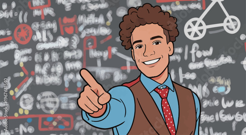 Young man smiles and points at the viewer while standing in front of a chalkboard filled with math and science notes