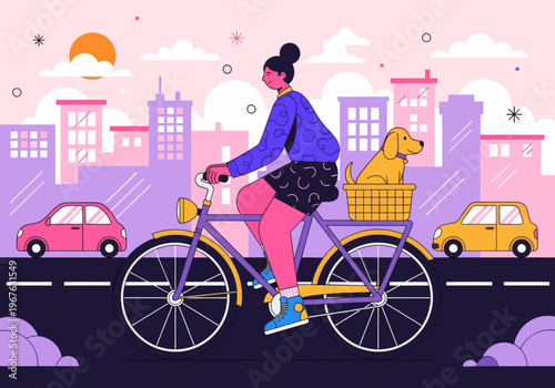 Flat vector illustration of a young woman cycling through a colorful pink and purple cityscape with her dog in the back basket. City commuting with pets concept.