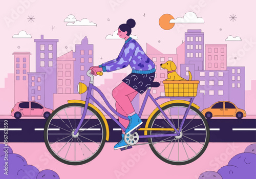 Flat vector illustration of a young woman cycling through a colorful pink and purple cityscape with her dog in the back basket. City commuting with pets concept.