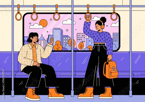Couple commuting inside a clean subway car during sunset. Man looks at phone, woman listens with headphones. Vector, flat design, urban public transport.
