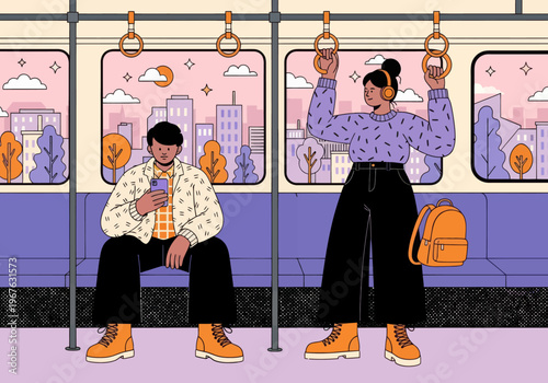 Couple commuting inside a clean subway car during sunset. Man looks at phone, woman listens with headphones. Vector, flat design, urban public transport.