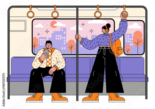 Couple commuting inside a clean subway car during sunset. Man looks at phone, woman listens with headphones. Vector, flat design, urban public transport.