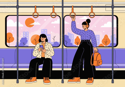 Couple commuting inside a clean subway car during sunset. Man looks at phone, woman listens with headphones. Vector, flat design, urban public transport.