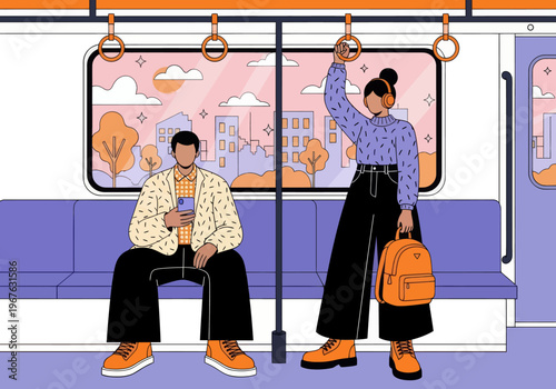 Couple commuting inside a clean subway car during sunset. Man looks at phone, woman listens with headphones. Vector, flat design, urban public transport.