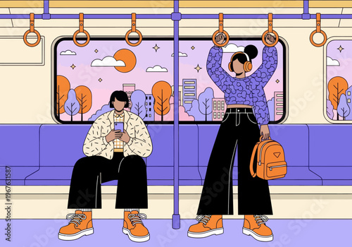 Couple commuting inside a clean subway car during sunset. Man looks at phone, woman listens with headphones. Vector, flat design, urban public transport.
