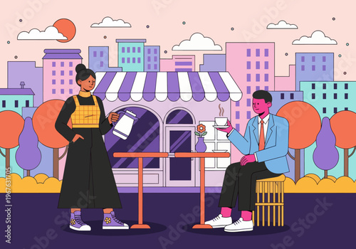 Barista pouring coffee for male client at an outdoor cafe with a city skyline background. Colorful modern vector illustration style