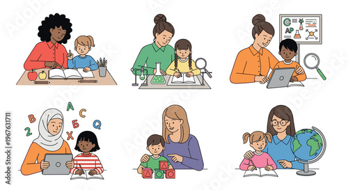 A diverse group of teachers and students engaged in various educational activities