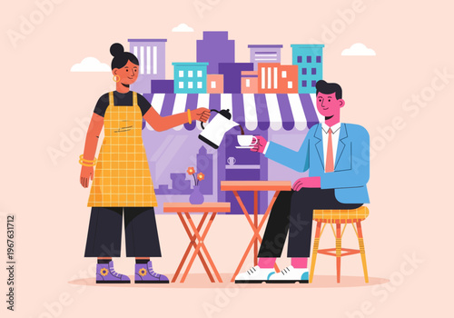 Barista pouring coffee for male client at an outdoor cafe with a city skyline background. Colorful modern vector illustration style