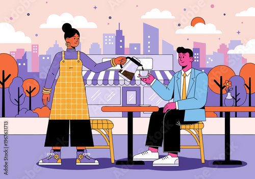 Barista pouring coffee for male client at an outdoor cafe with a city skyline background. Colorful modern vector illustration style
