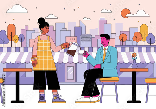 Barista pouring coffee for male client at an outdoor cafe with a city skyline background. Colorful modern vector illustration style