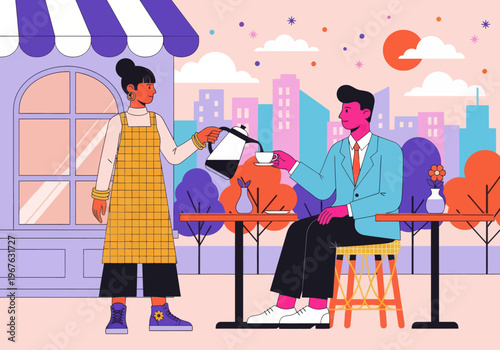 Barista pouring coffee for male client at an outdoor cafe with a city skyline background. Colorful modern vector illustration style