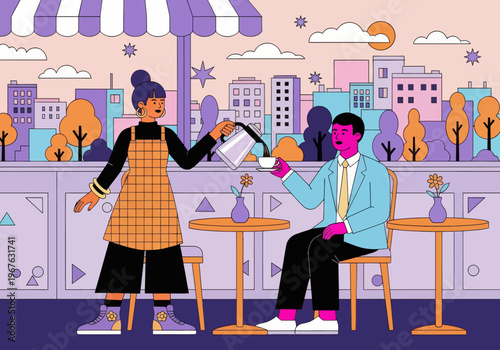 Barista pouring coffee for male client at an outdoor cafe with a city skyline background. Colorful modern vector illustration style.